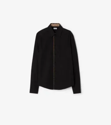 Classic Fit Check Piping Cotton Poplin Shirt in Black