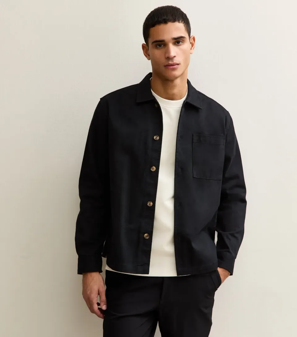 Men's Black Boxy Cotton Twill Overshirt