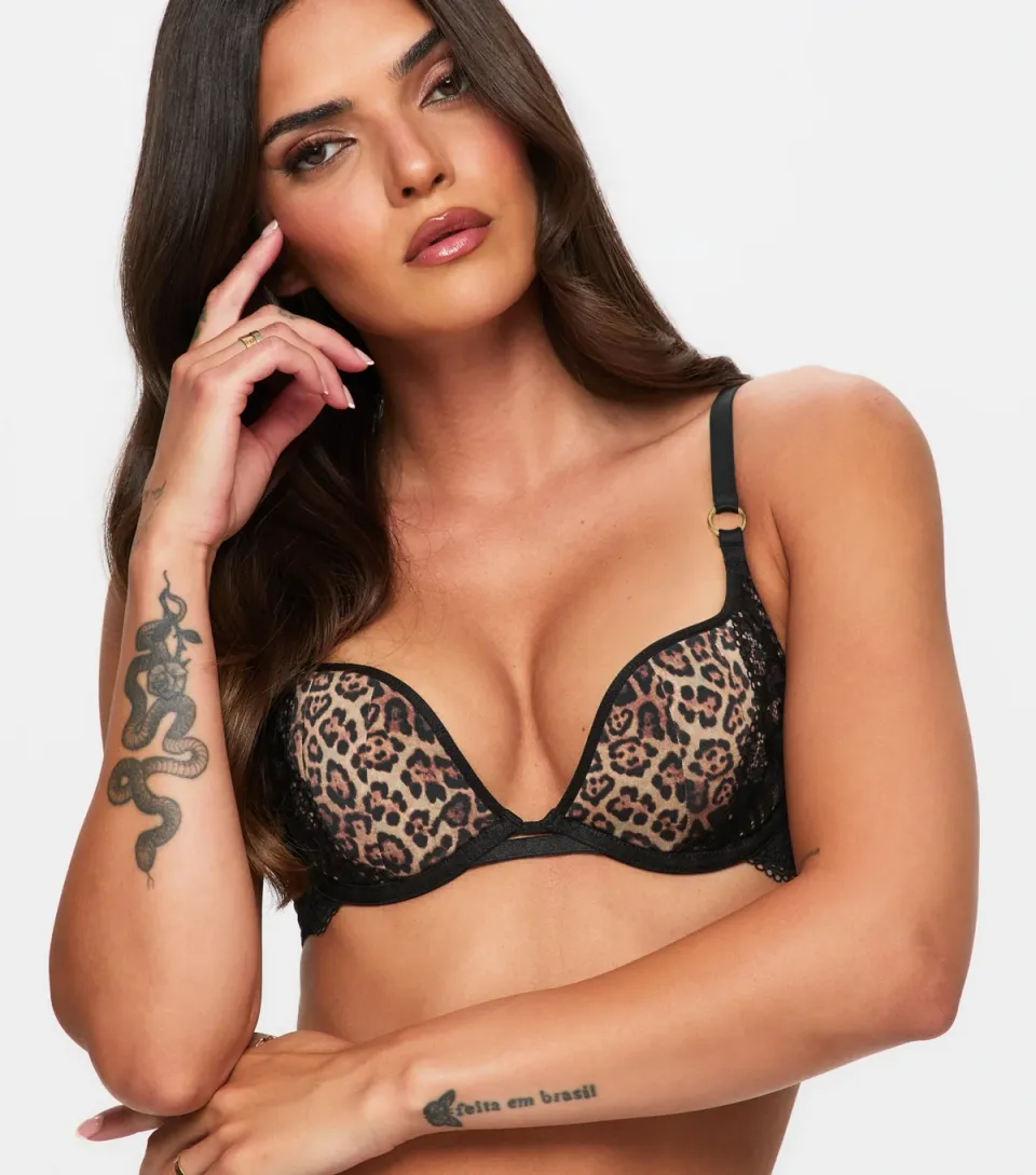 Women's Brown Satin Leopard Print Padded Plunge Bra
