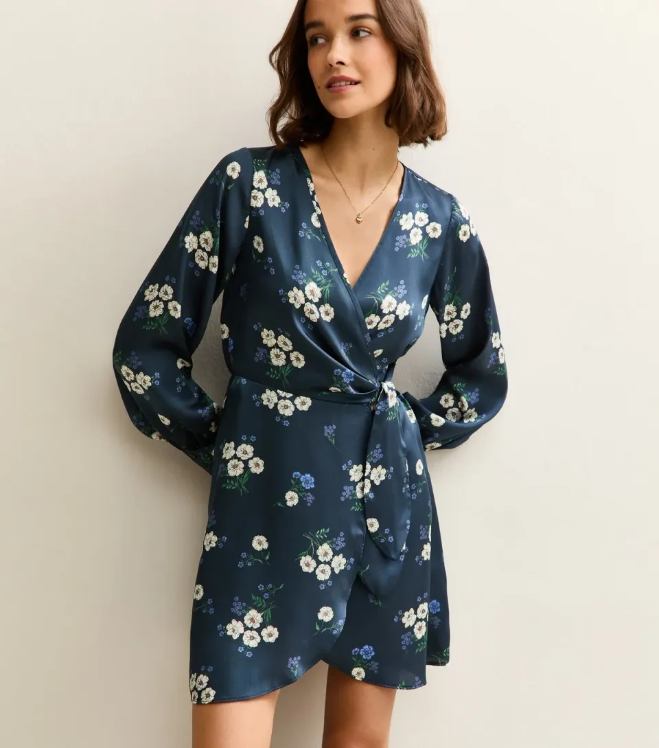 Women's Blue Satin Floral Wrap Mini Dress