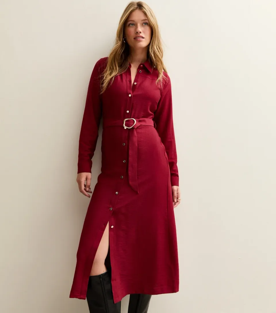 Women's Brown Button Up Belted Midi Shirt Dress