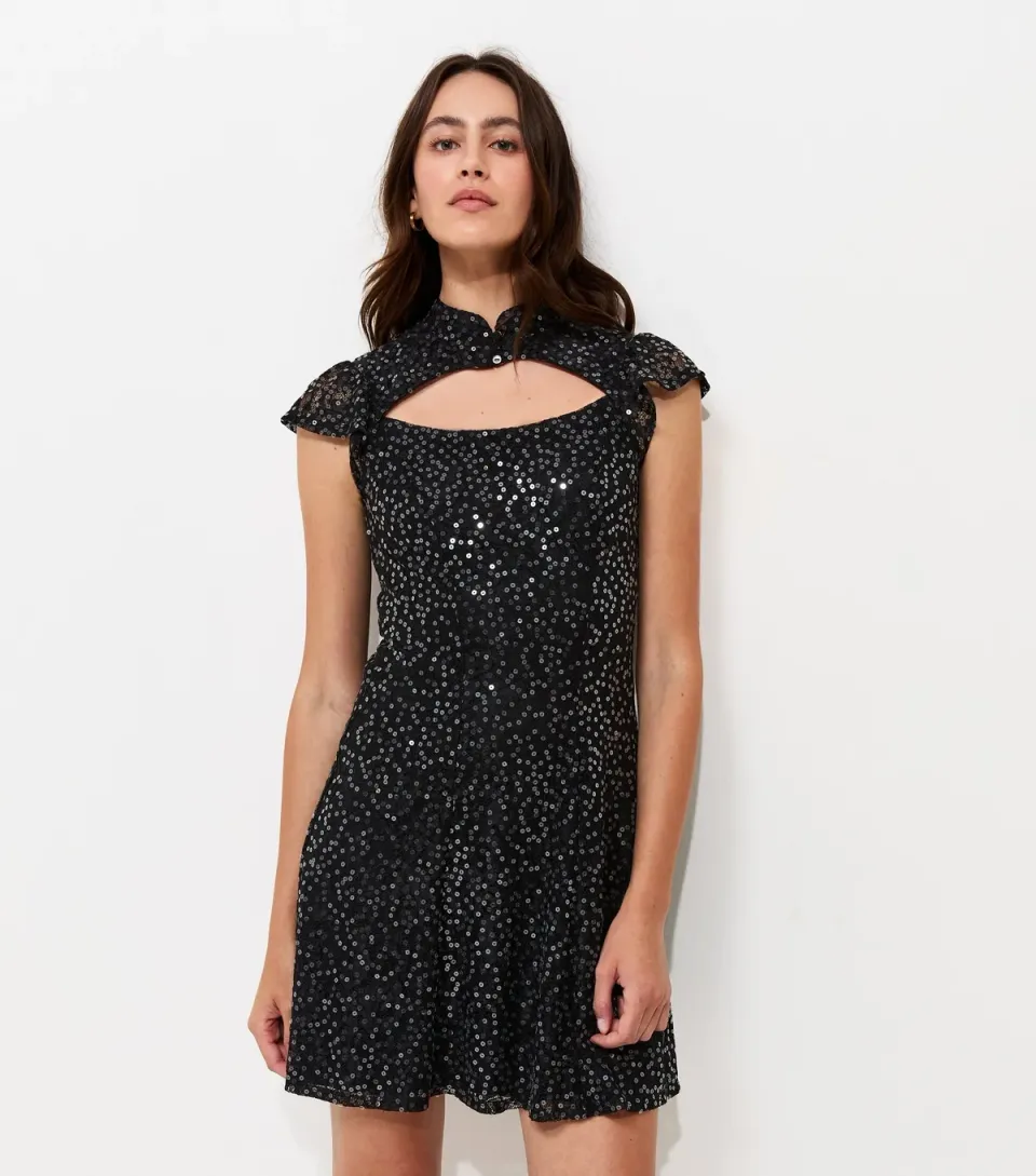 Women's Black Sequin Embellished Keyhole Mini Dress