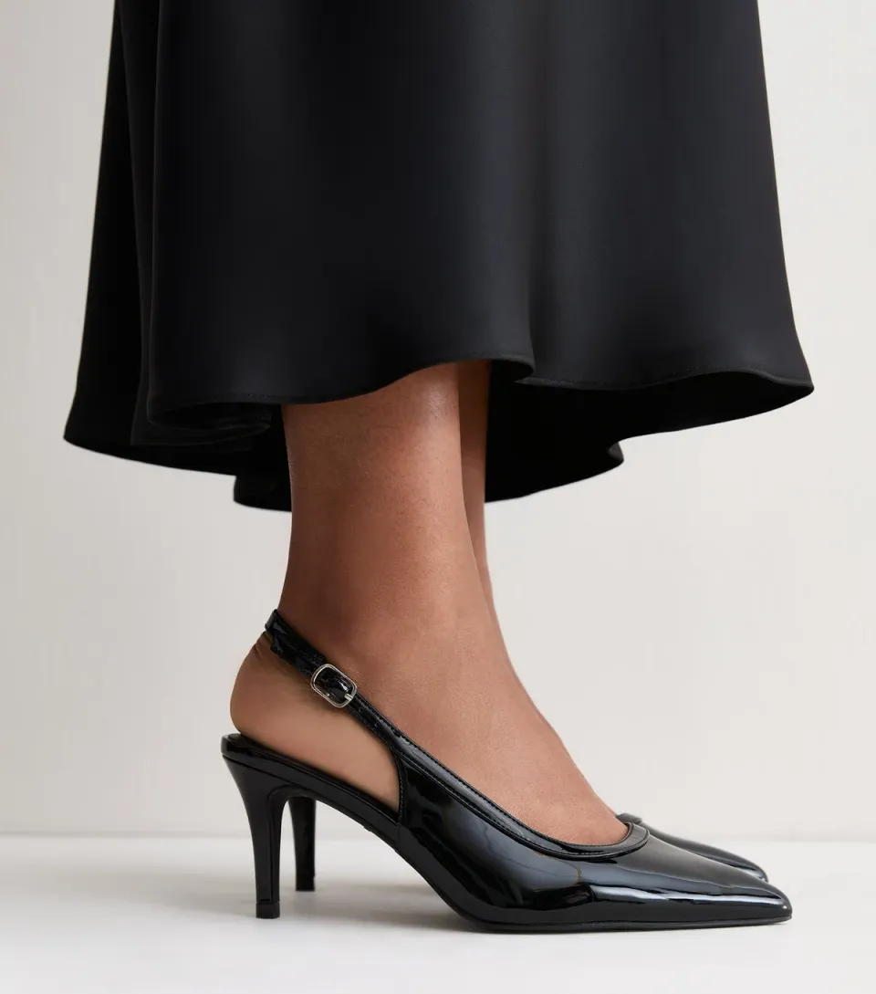 Women's Wide Fit Black Patent Faux Leather Slingback Court Shoes Vegan