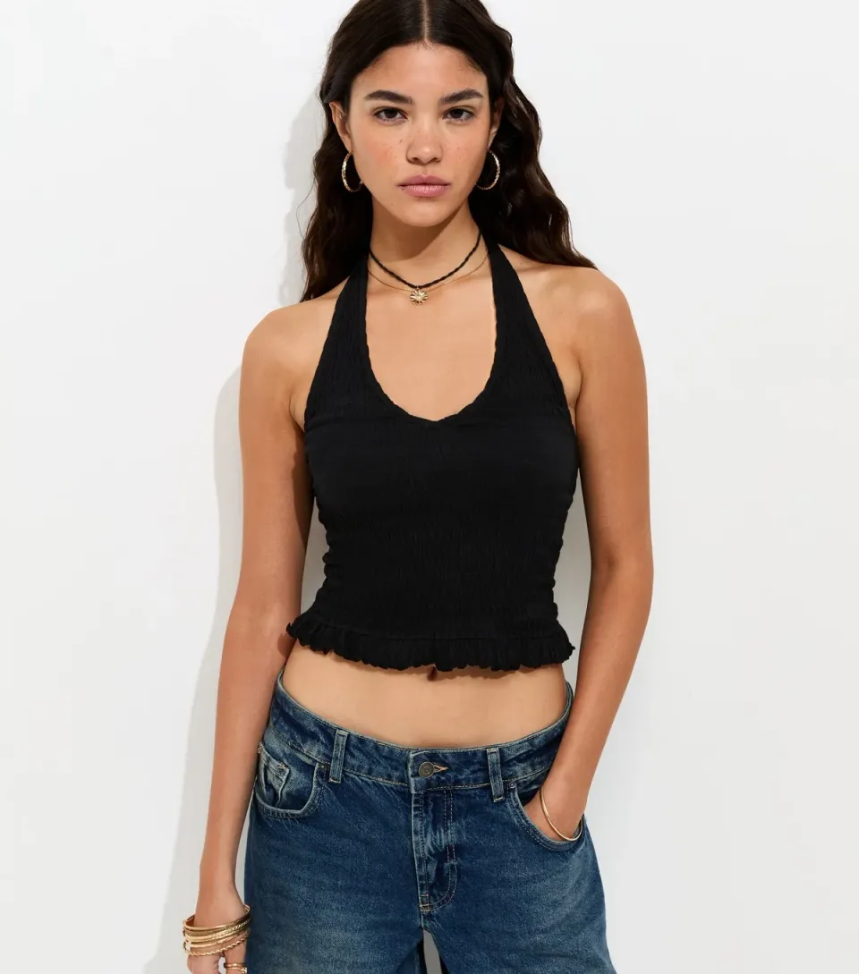 Women's Black Shirred Halter Neck Vest