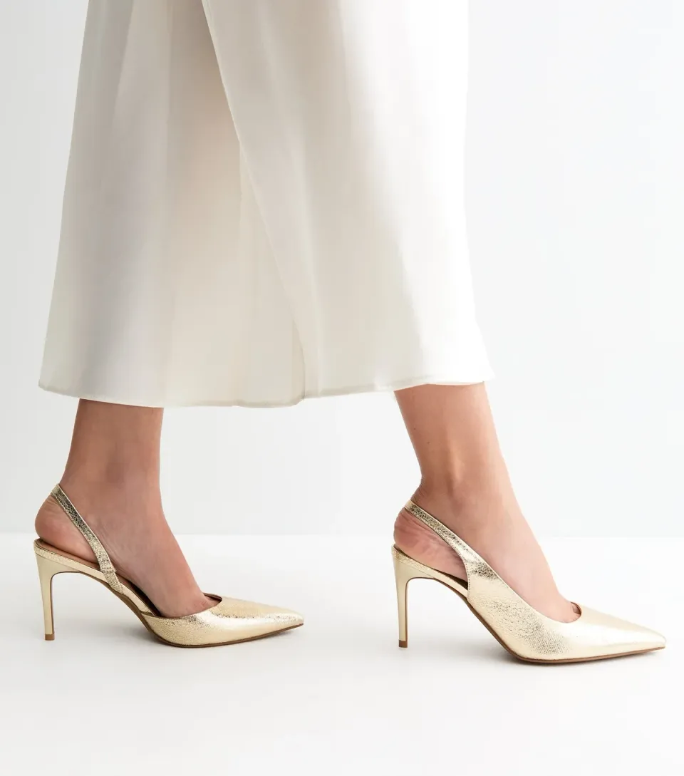 Women's Gold Faux Leather Slingback Court Shoes Vegan