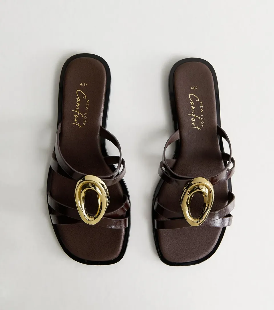 Women's Dark Brown Gold Abstract Buckle Mule Sandals