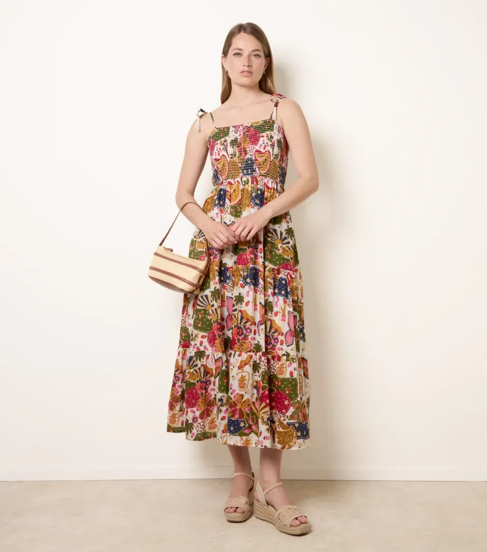 Women's Multicoloured Cotton Floral Shirred Midi Dress