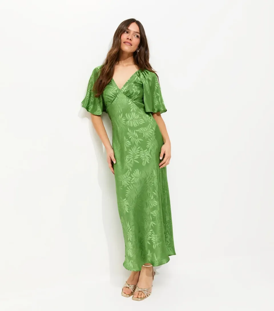 Women's Petite Light Green Palm Jacquard Flutter Sleeve Midi Dress