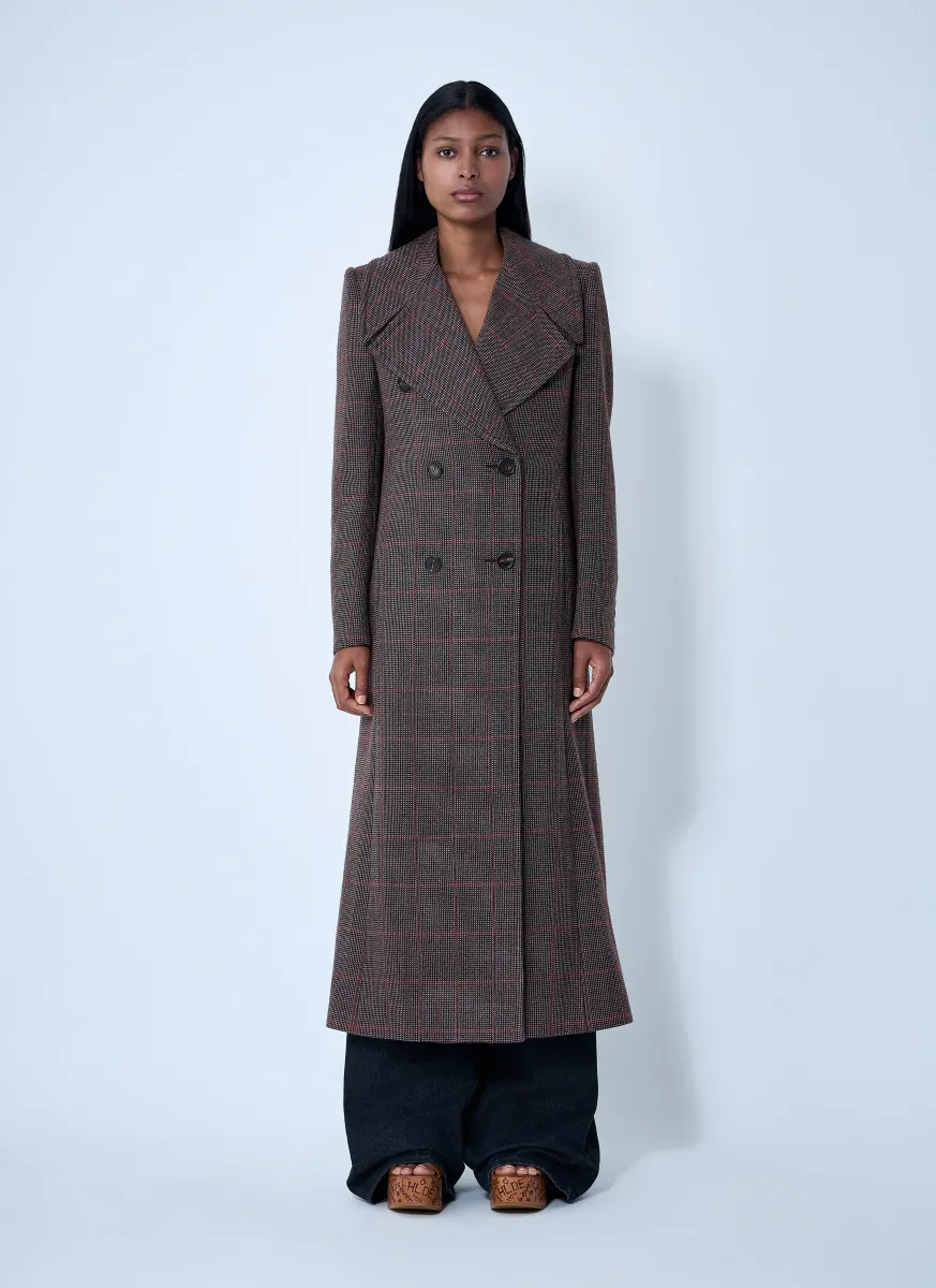Double-Breasted Check Wool Coat