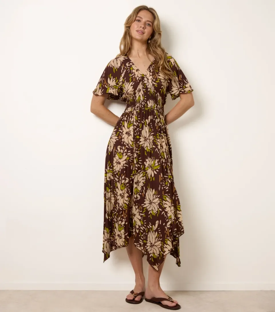Women's Dark Brown Shirred Waist Handkerchief Hem Midi Dress