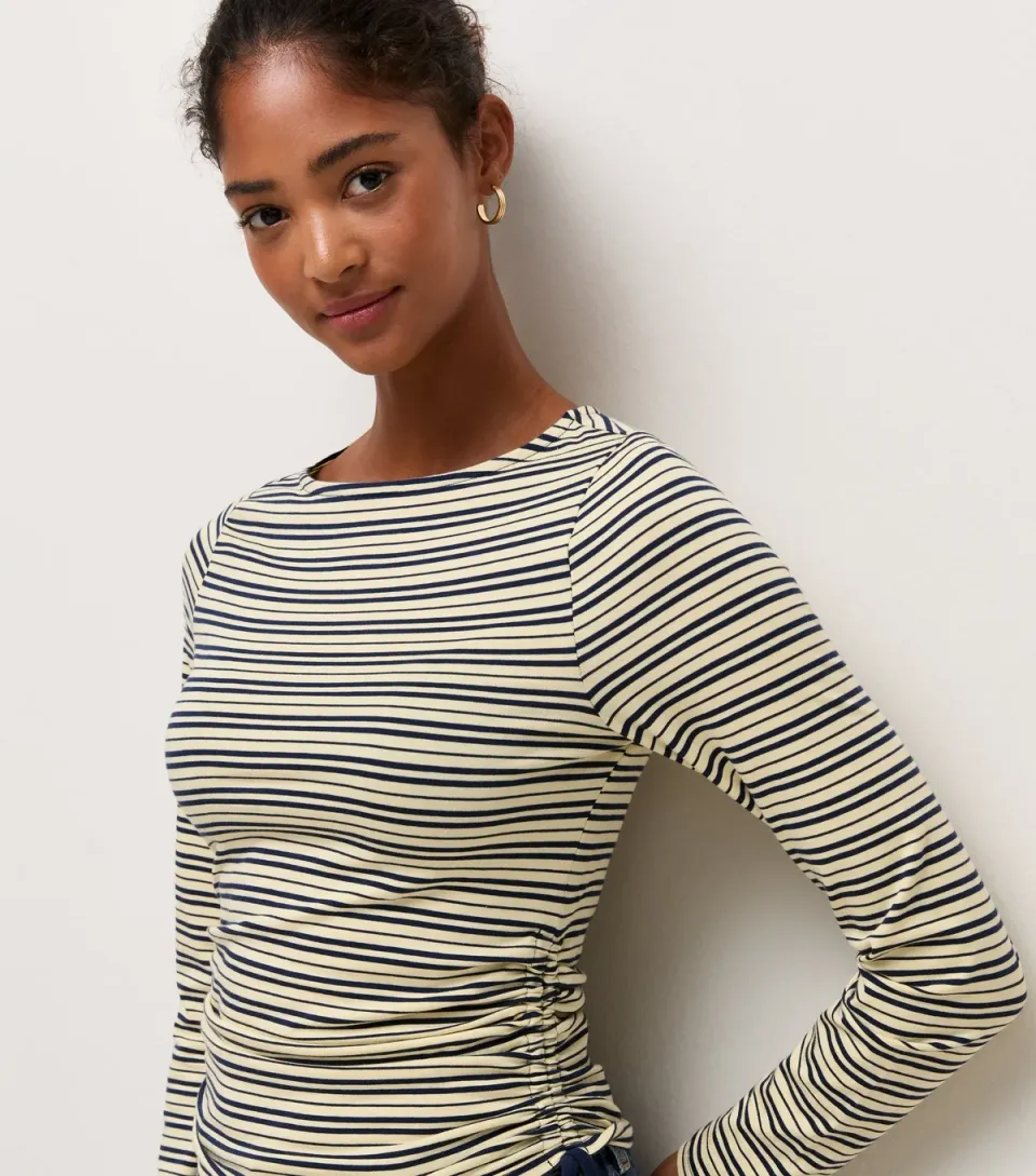 Women's Blue Cotton Rich Striped Tie Side Corset Waist Top