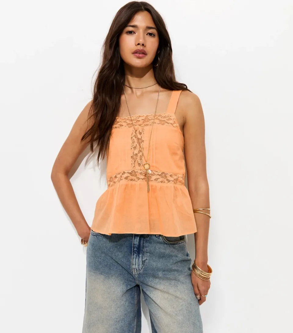 Women's Orange Cotton Semi Sheer Lace Panelled Cami Vest Top