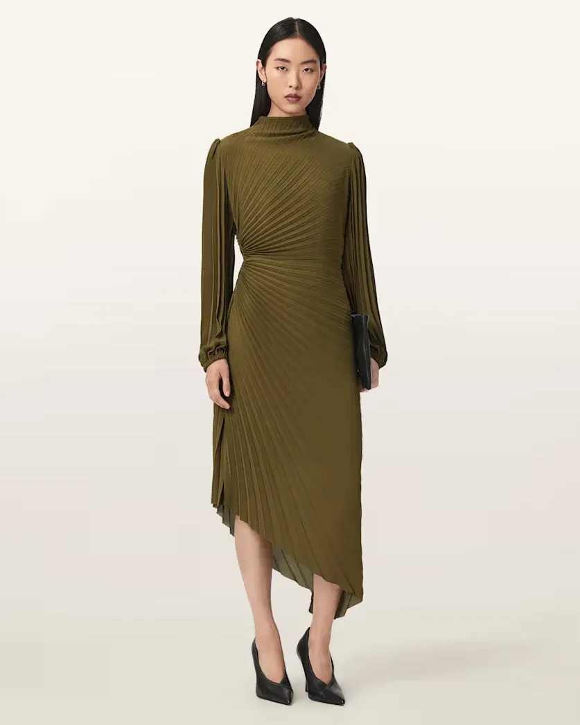 Milena Asymmetric Pleated Midi Dress