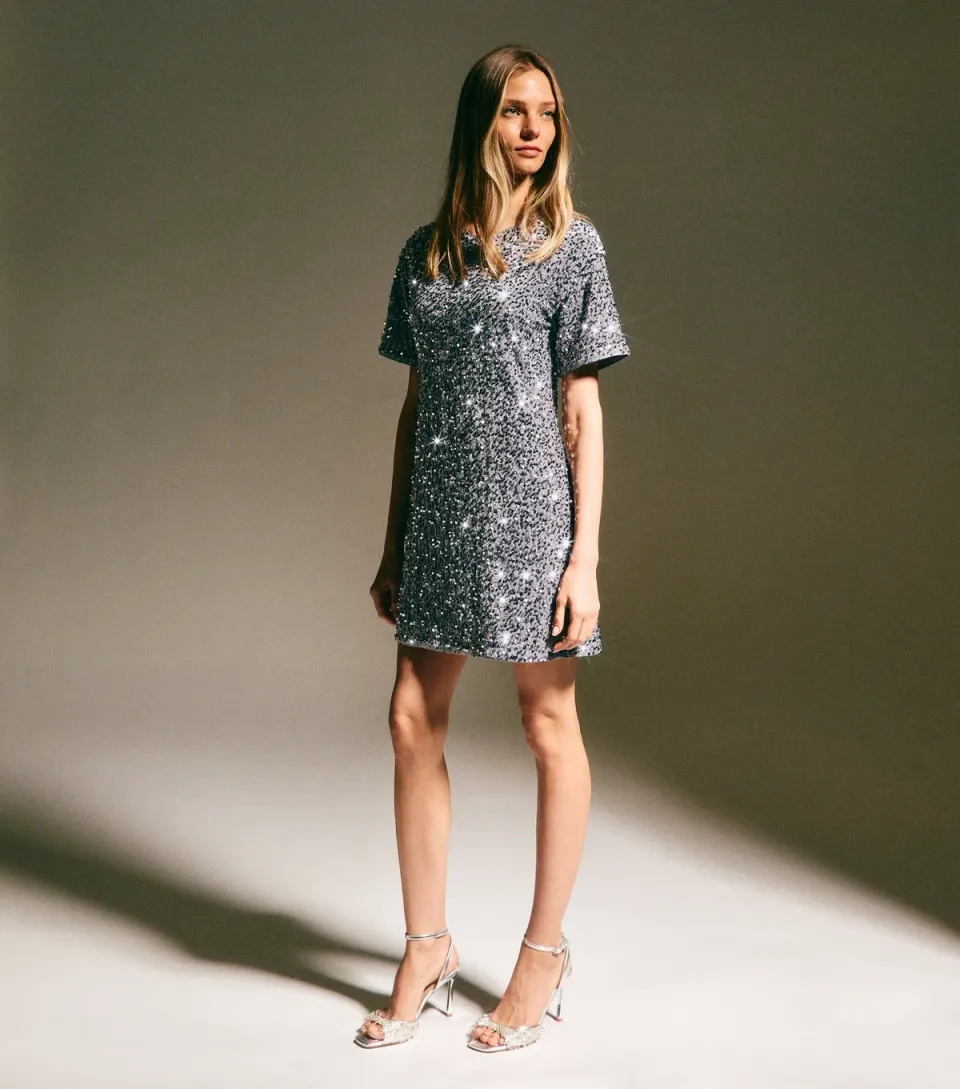 Women's Silver Velvet Sequin T-Shirt Dress