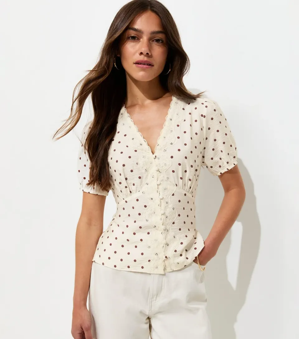Women's Petite Brown Spot Print Lace Trim Tea Blouse