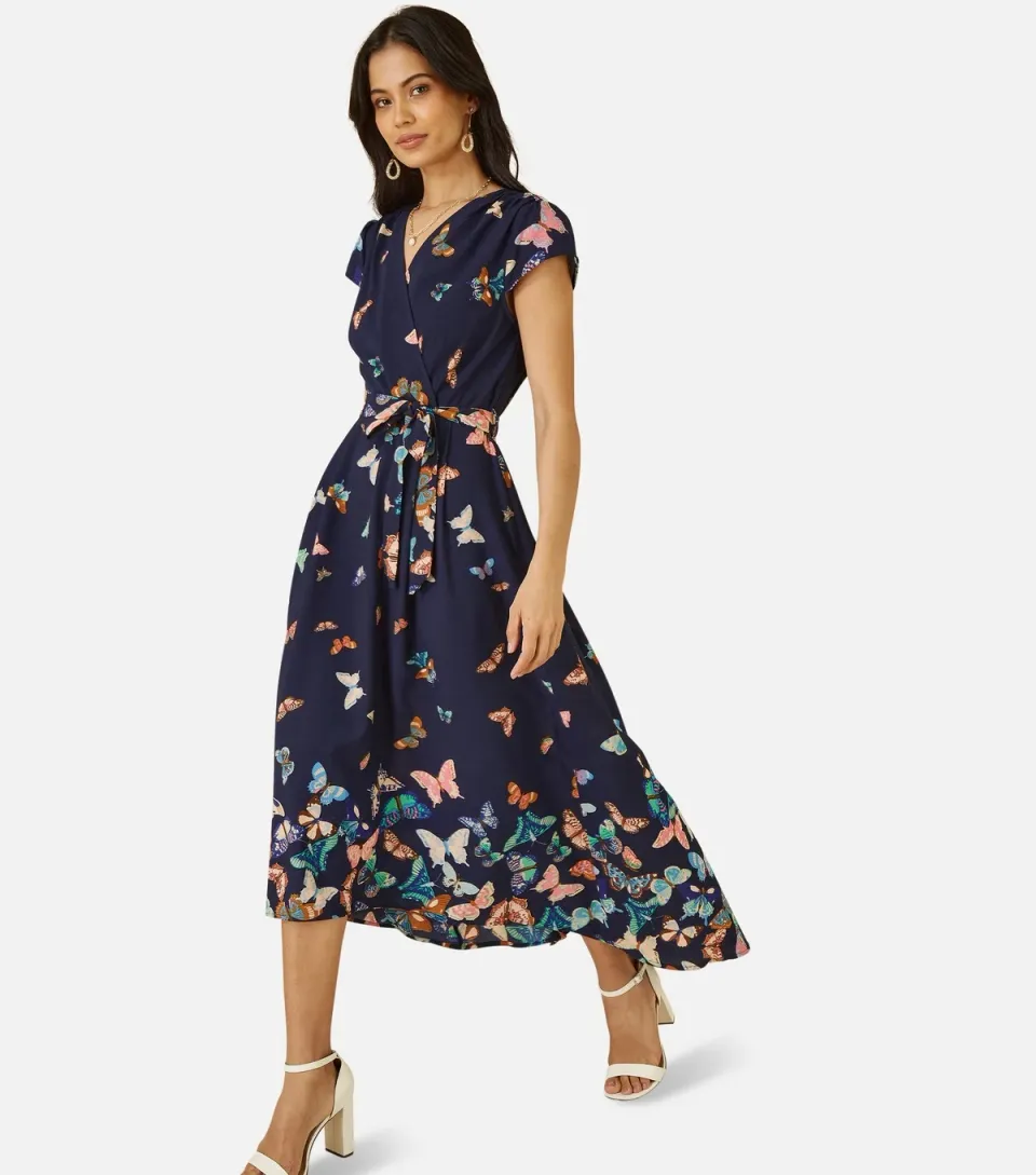 Women's Navy Butterfly Print Midi Dress