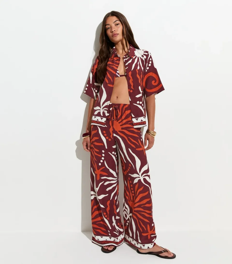 Women's Brown Sun Print Beach Short Sleeve Shirt