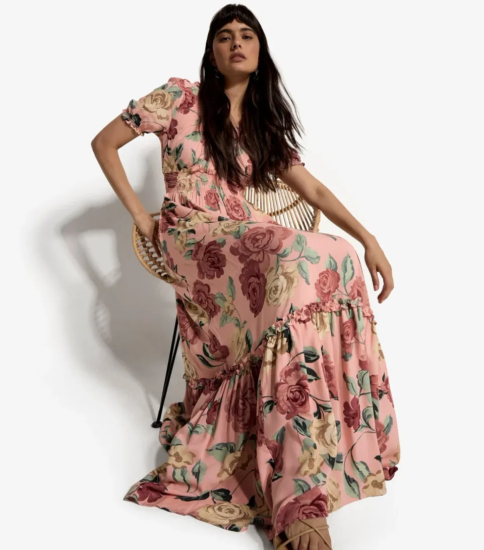 Women's Pink Floral Print Wrap Maxi Dress