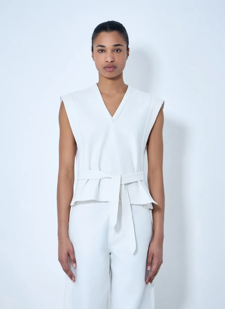 Sleeveless V-Neck Top with Belted Waist