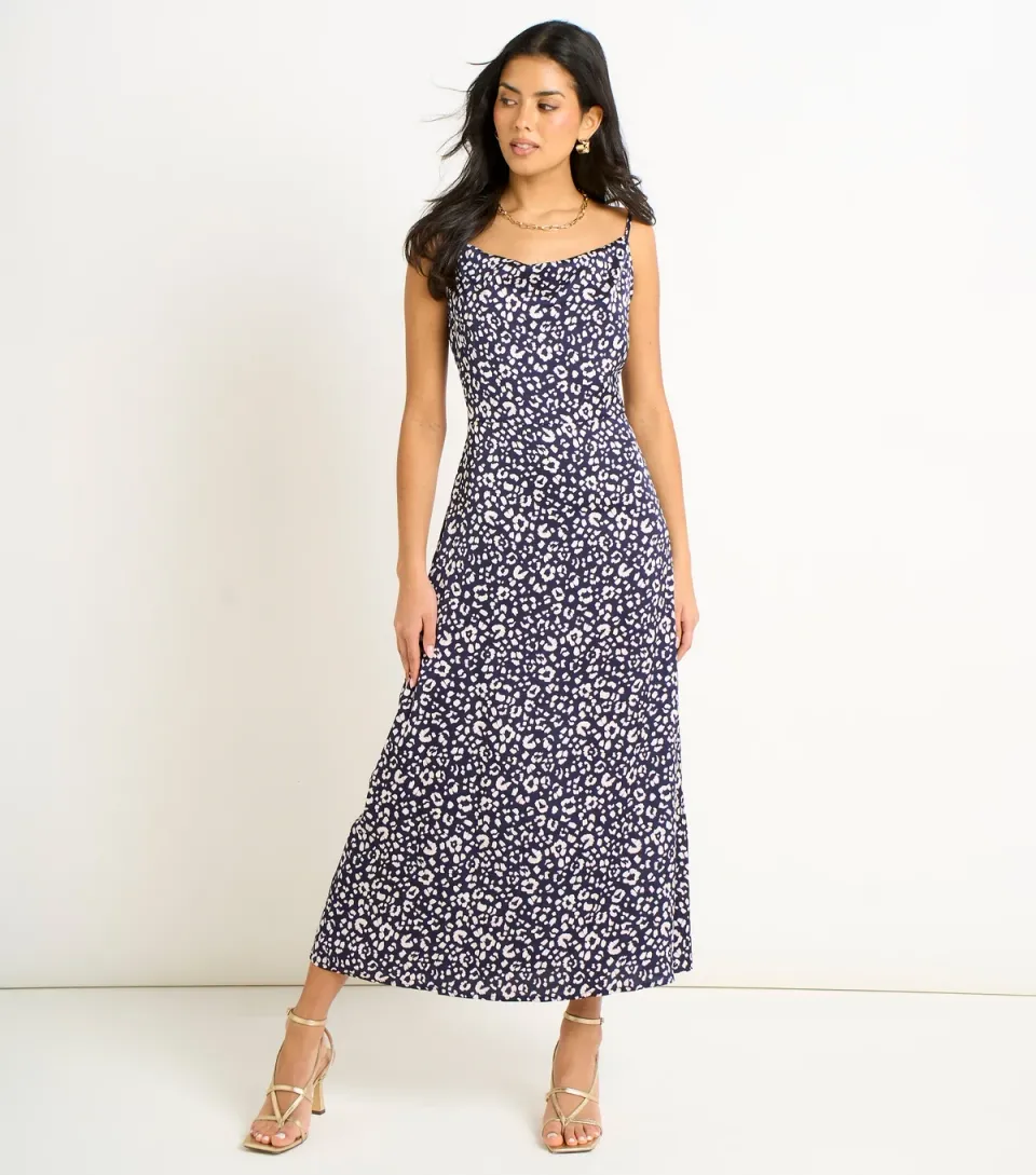 Women's Navy Animal Print Cowl Midi Dress