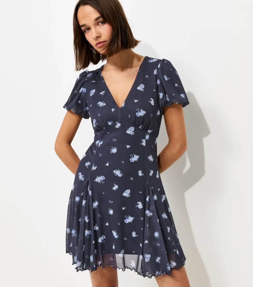 Women's Blue Ditsy Print V Neck Mesh Mini Dress