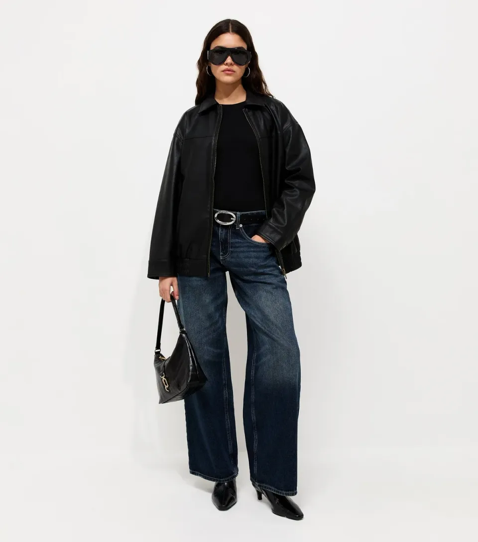 Women's Black Washed Effect Faux Leather Oversized Jacket