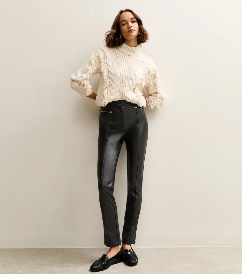 Women's Black Faux Leather Zip Detail Biker Leggings