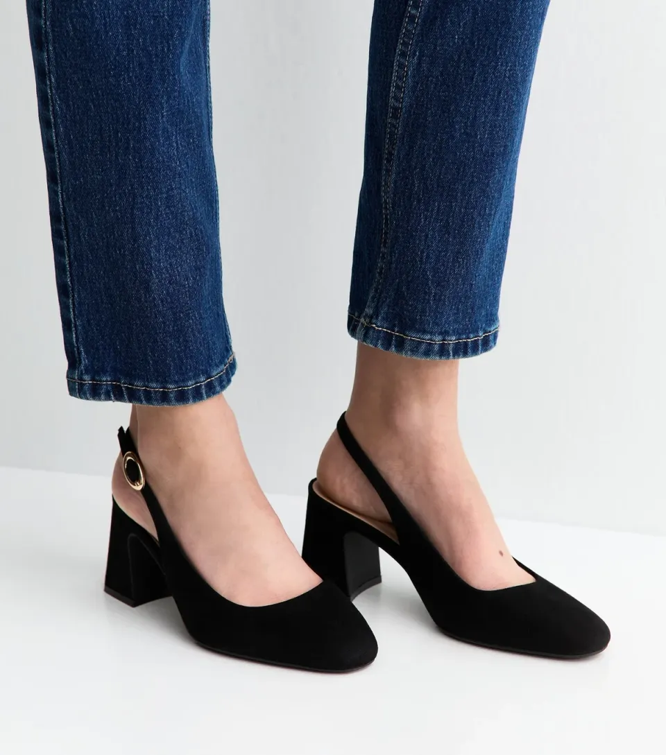 Women's Wide Fit Black Faux Suede Slingback Pumps Vegan