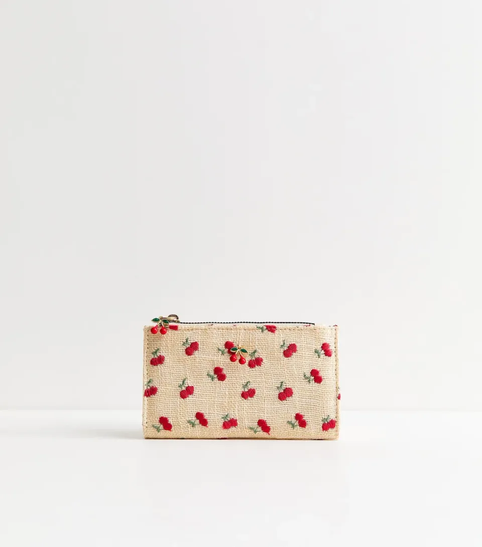 Cream Canvas Embroidered Cherry Purse