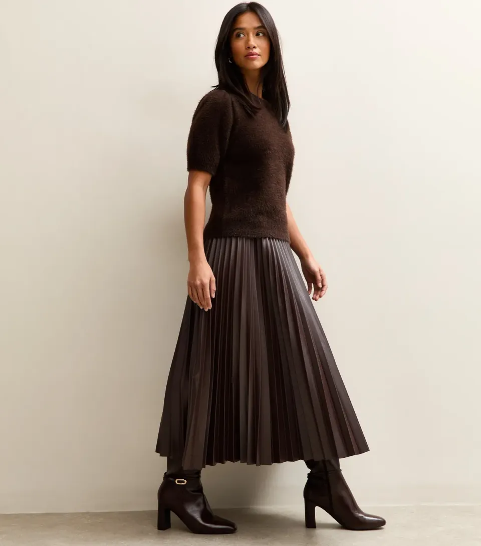Women's Petite Black Faux Leather Pleated Midi Skirt