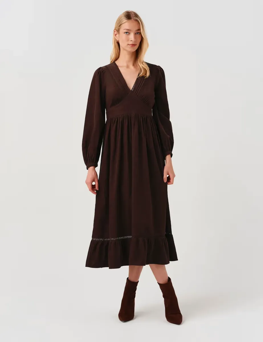 Cotton Corduroy V Neck Midi Dress Brown