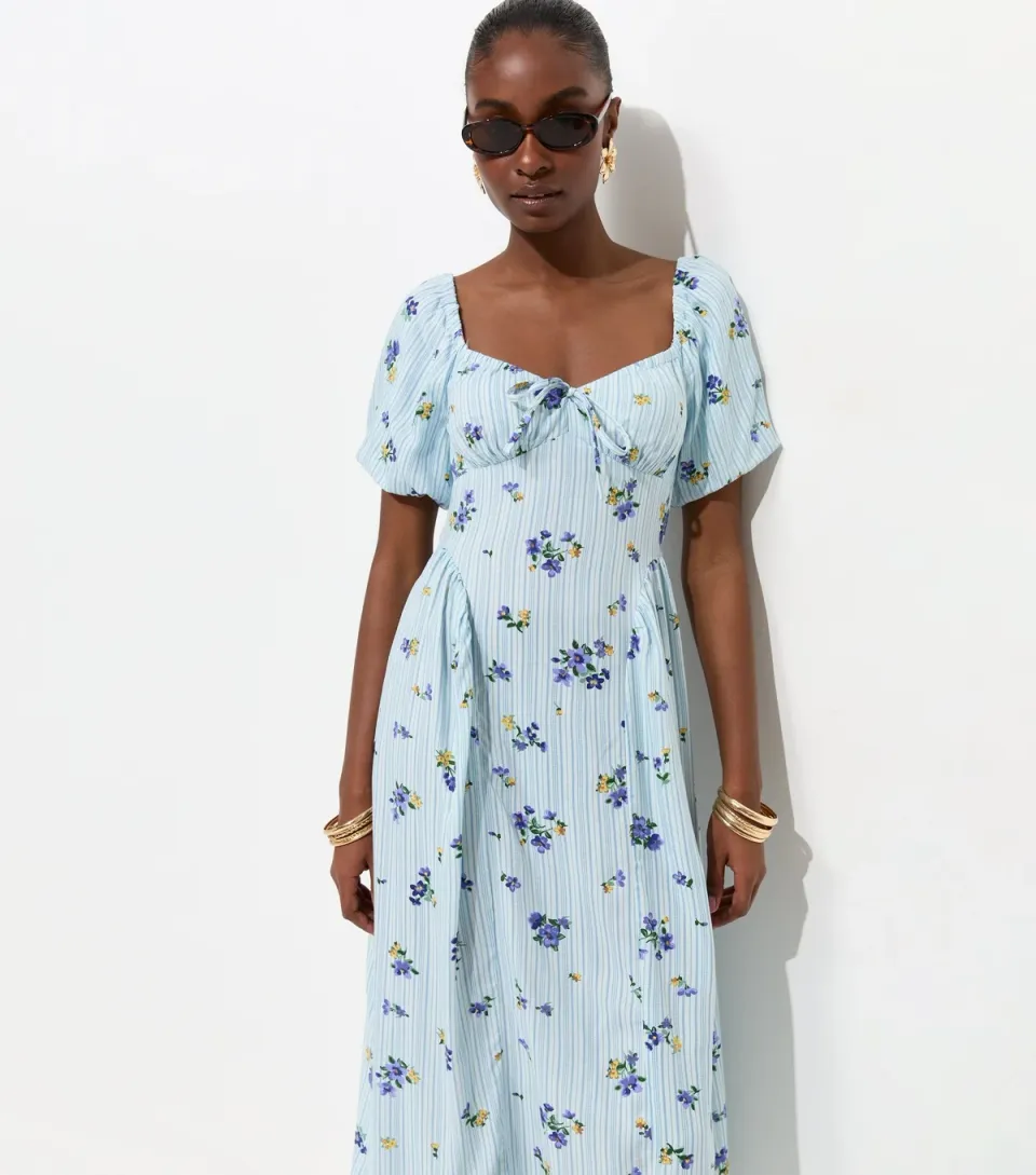 Women's Blue Floral Stripe Milkmaid Midi Dress