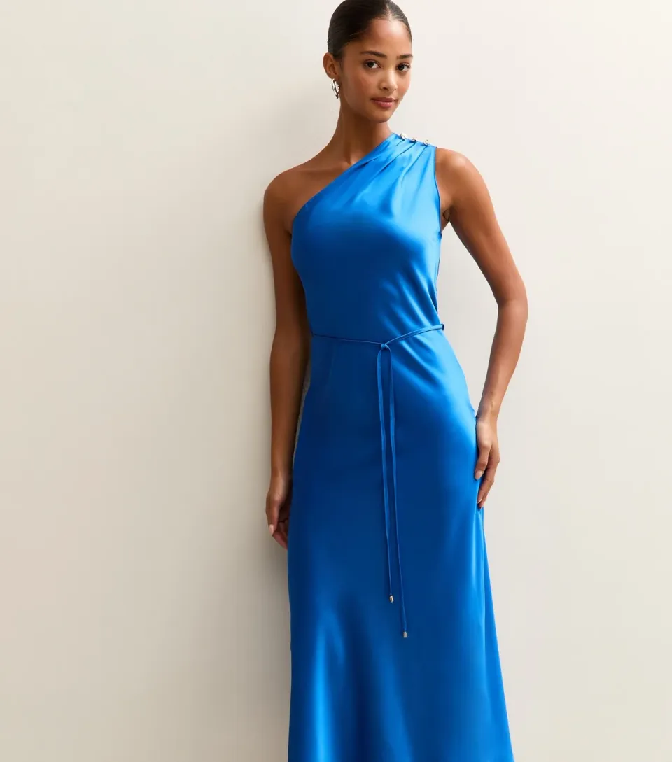 Women's Black Satin One Shoulder Tie Waist Midi Dress