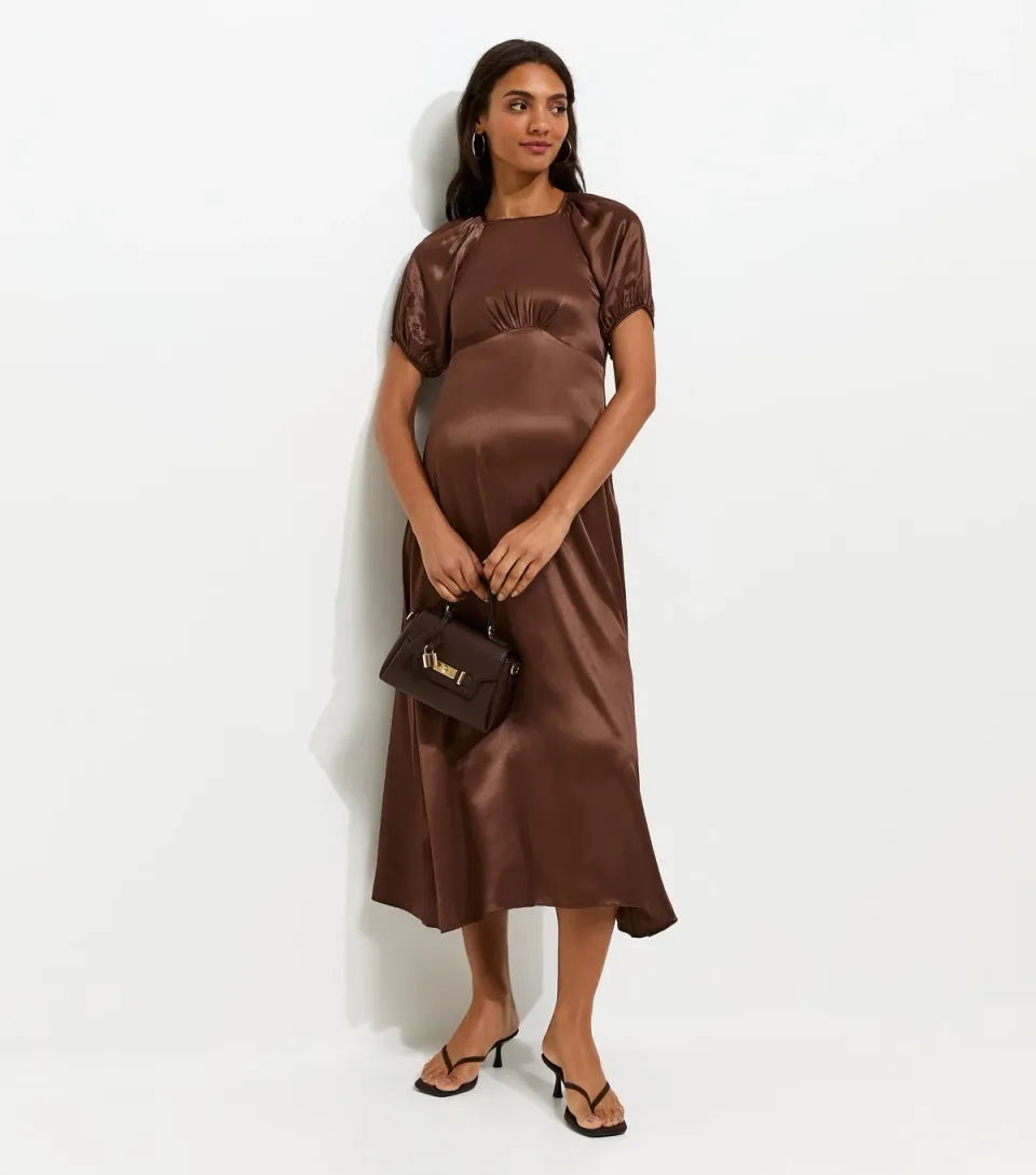 Women's Maternity Dark Brown Satin Puff Sleeve Midi Dress