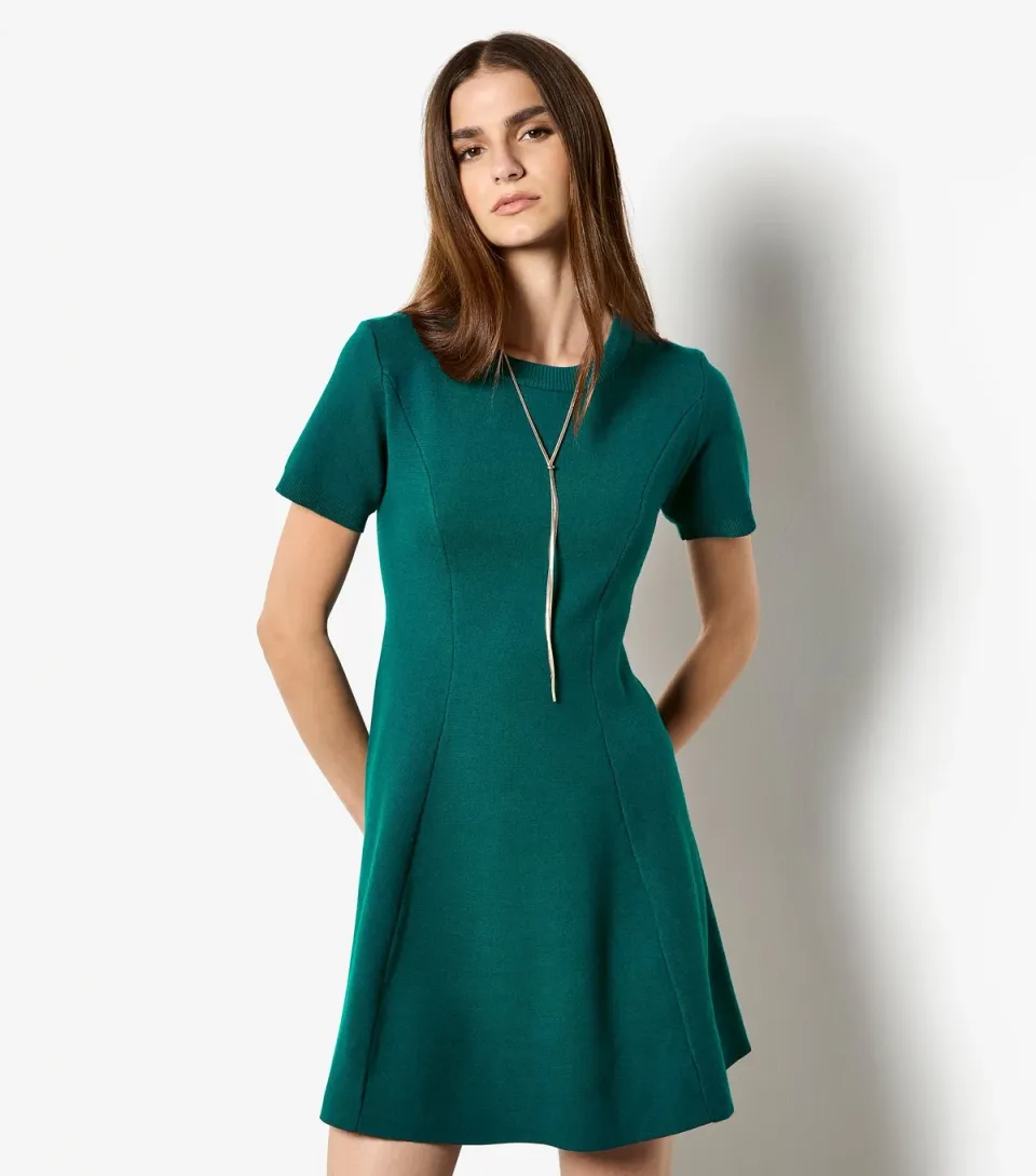 Women's Dark Green Panel Knitted A-line Dress