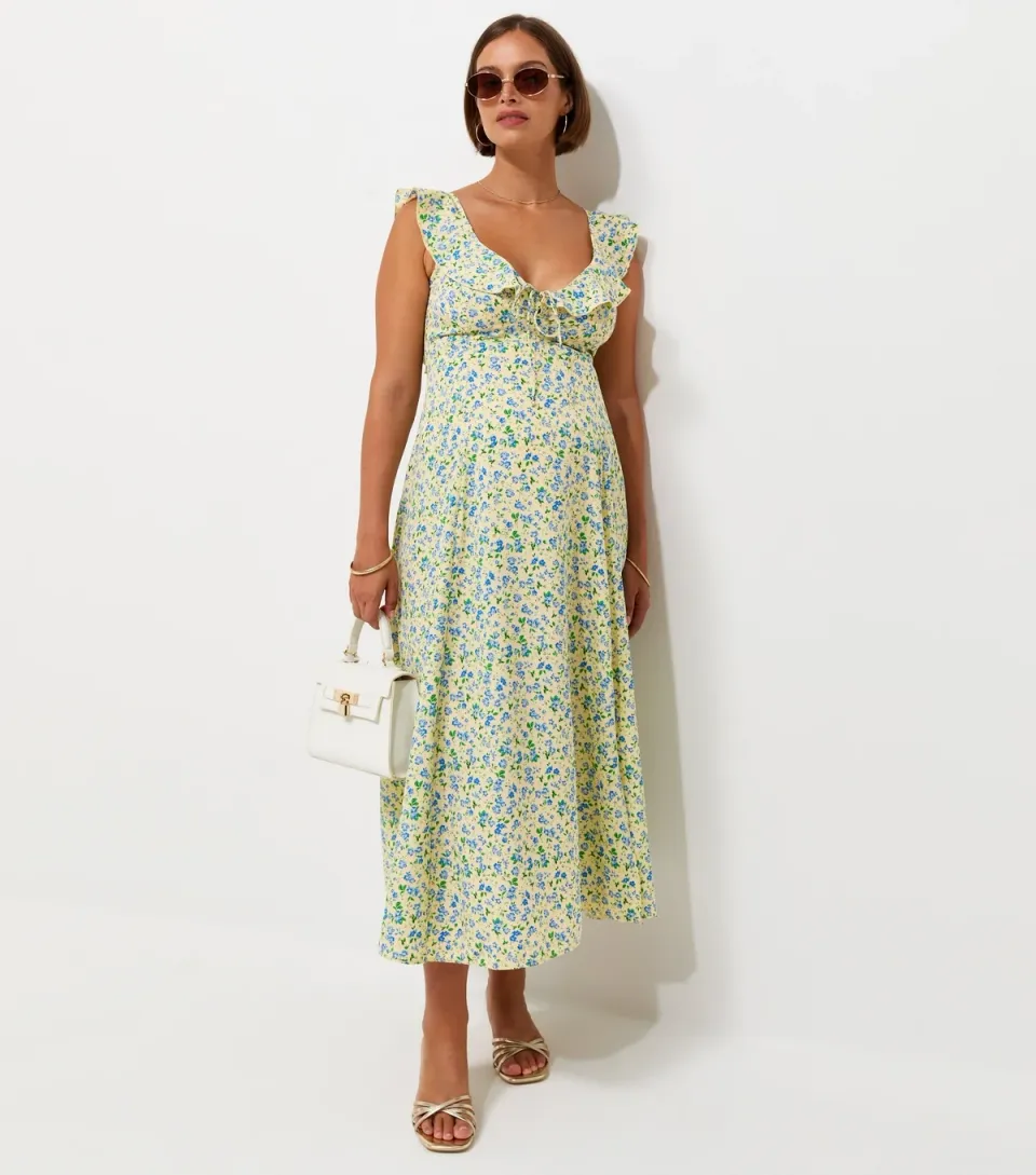 Women's Maternity Yellow Floral Print Crepe Ruffle Trim Midi Dress