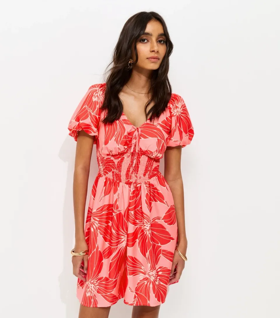 Women's Pink Crepe Floral Puff Sleeve Shirred Mini Dress