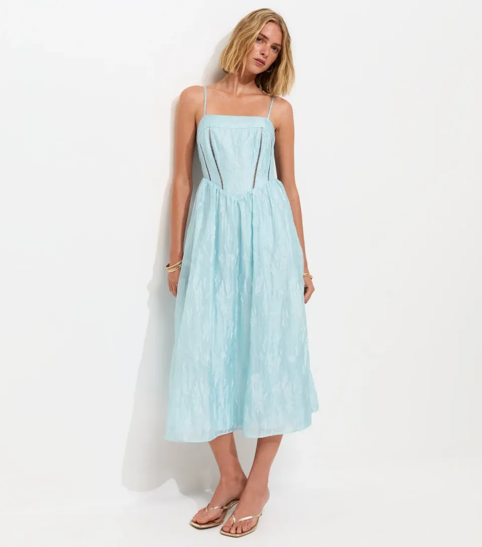 Women's Light Blue Sparkly Floral Jacquard Midi Dress
