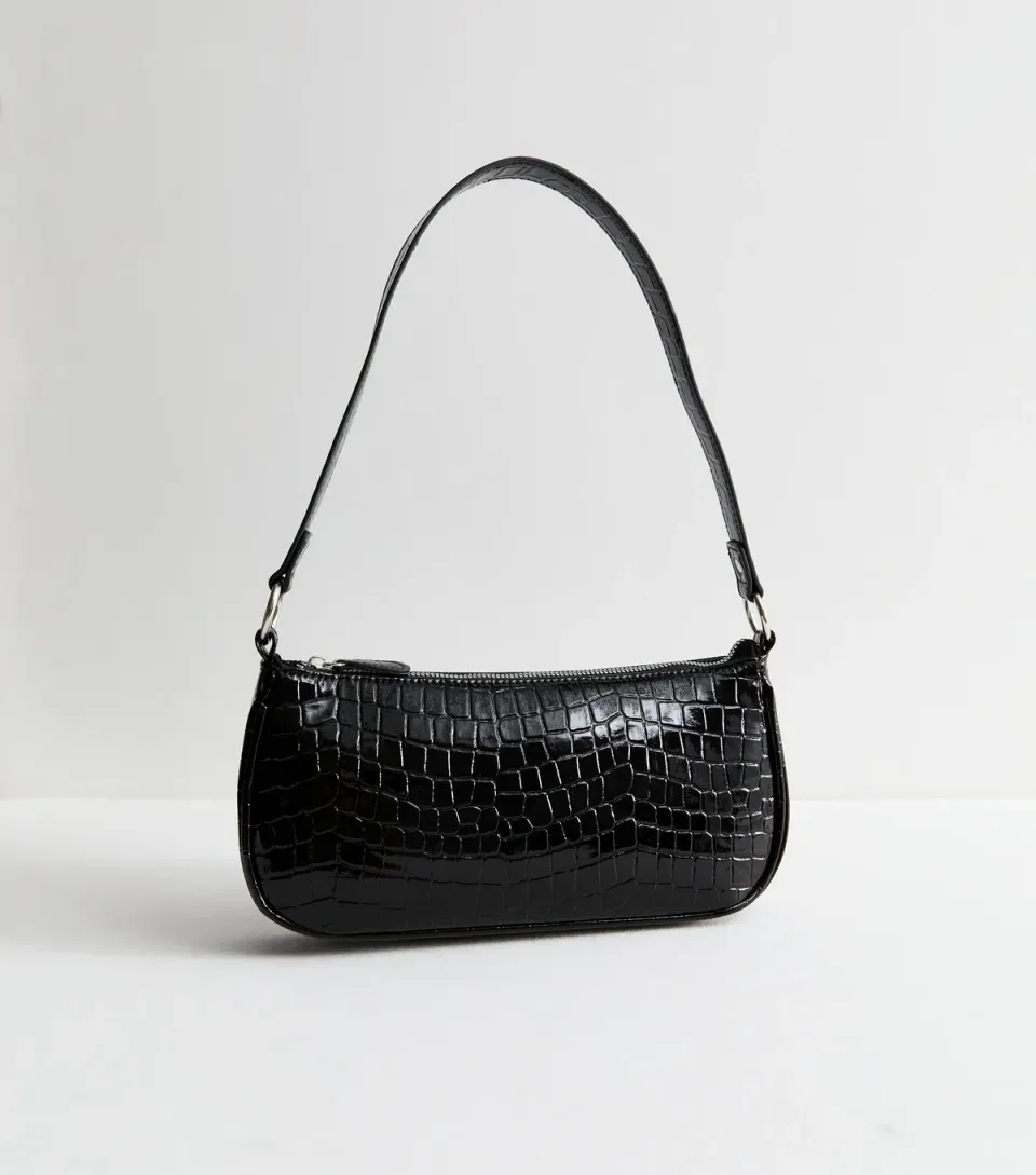 Black Faux Leather Crocodile Embossed Shoulder Bag Vegan