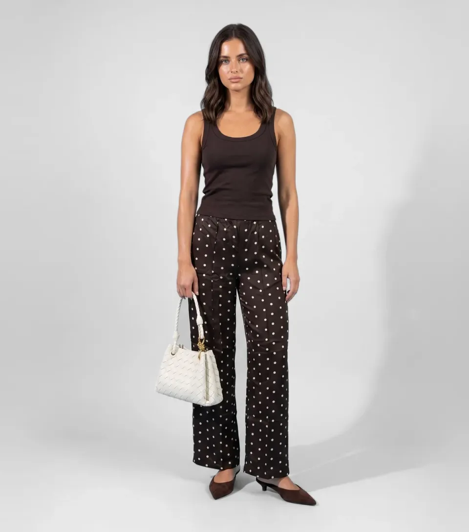 Women's Brown Polka Dot Side Stripe Wide Leg Trousers