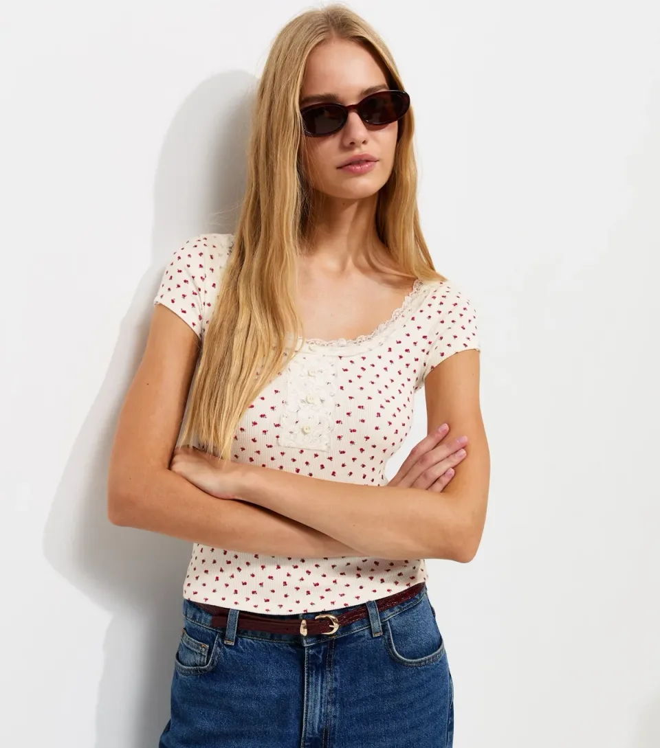 Women's Cream Cotton Rich Ditsy Print Ribbed Lace Trim Henley Top