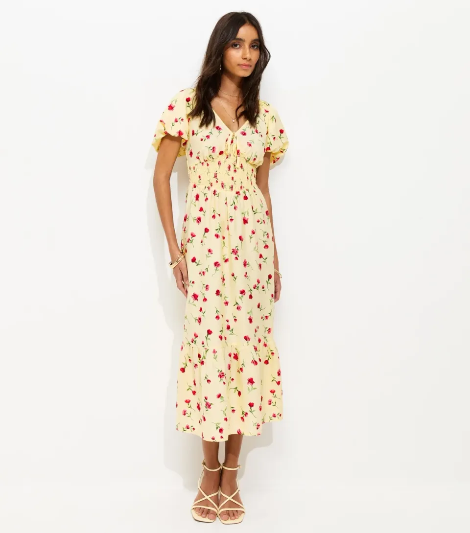 Women's Light Yellow Crepe Ditsy Puff Sleeve Shirred Waist Midi Dress