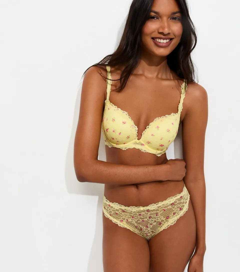 Women's Yellow Floral Print Lace Thong