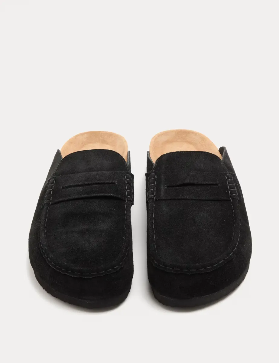 Suede Saddle Loafer Corkbed Mules Black