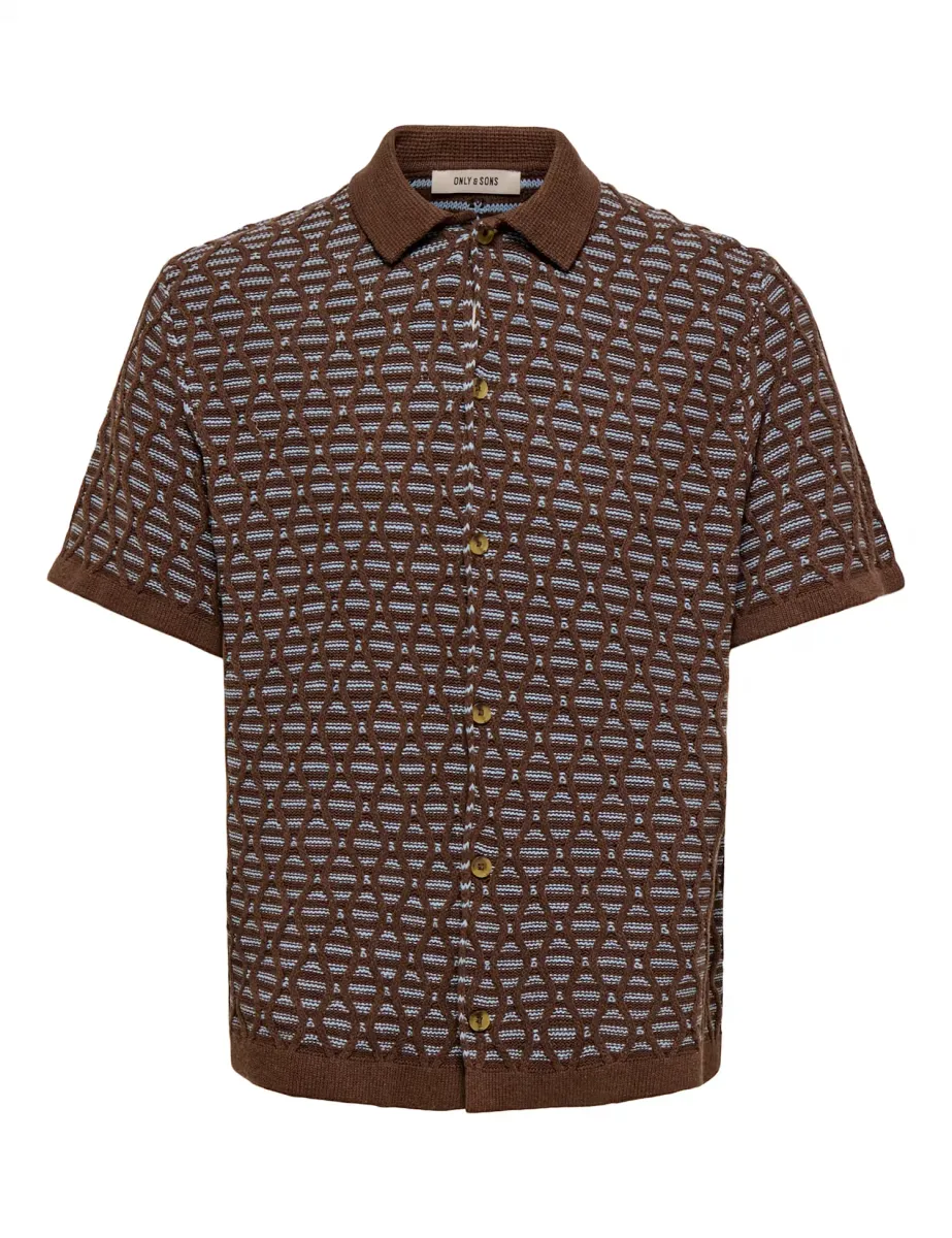 Cotton Rich Geometric Knitted Polo Shirt Brown Mix