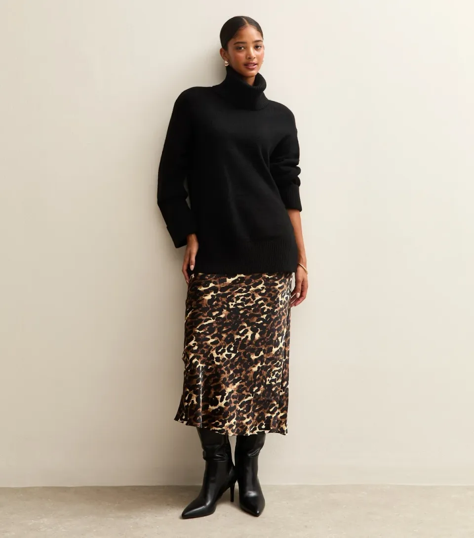 Women's Brown Leopard Print Satin Midi Skirt