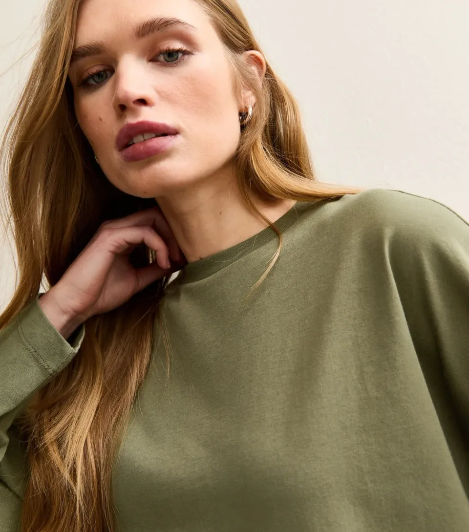 Women's Dark Khaki Heavyweight Cotton Long Sleeve T-Shirt