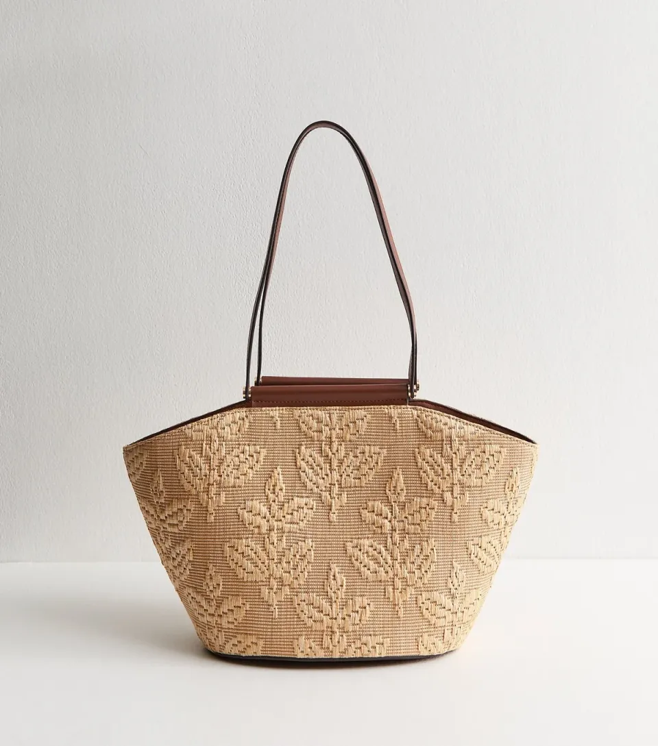 Stone Floral Raffia Look Tote Bag