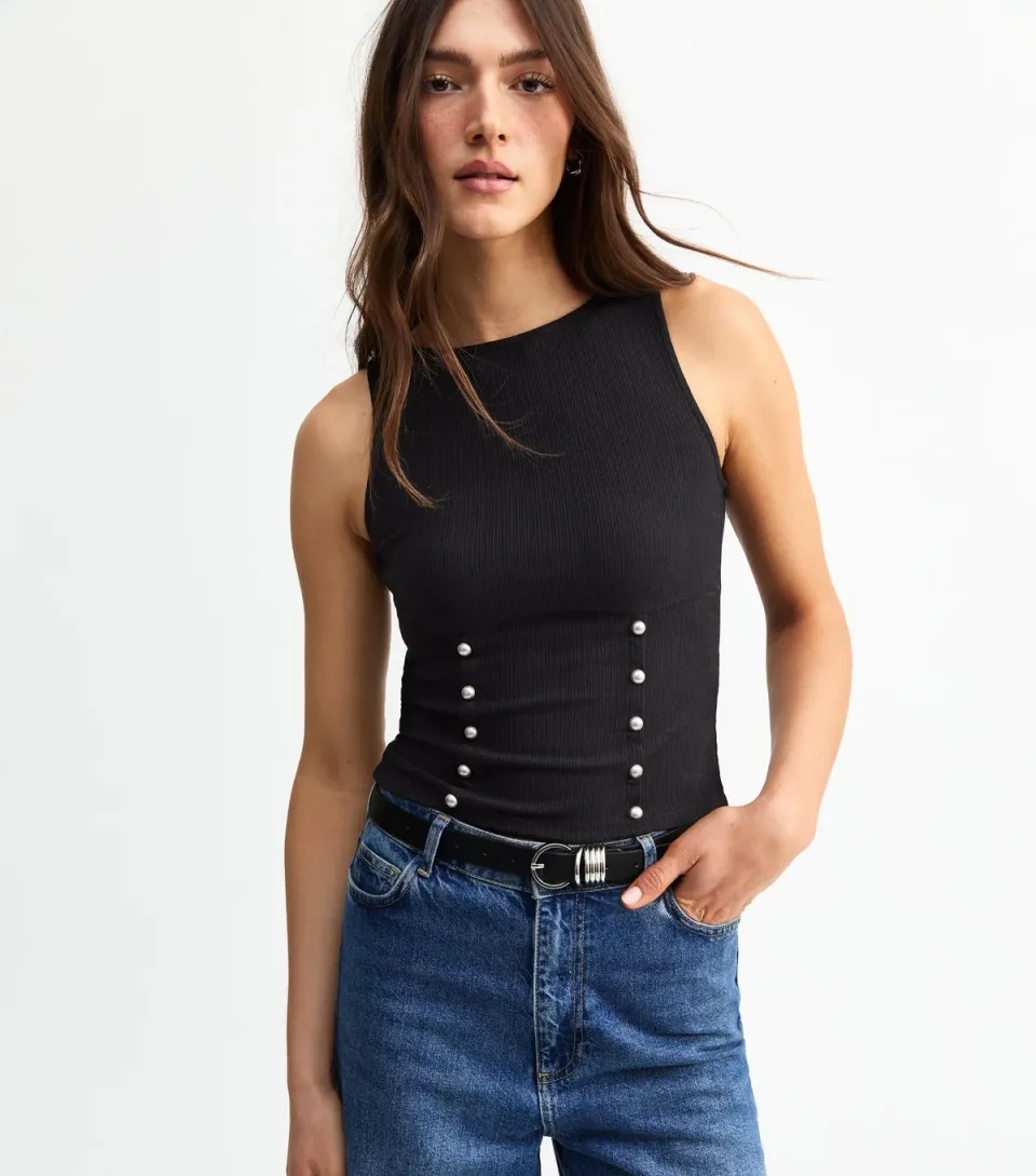 Women's Black Ribbed Stud Detail Vest Top