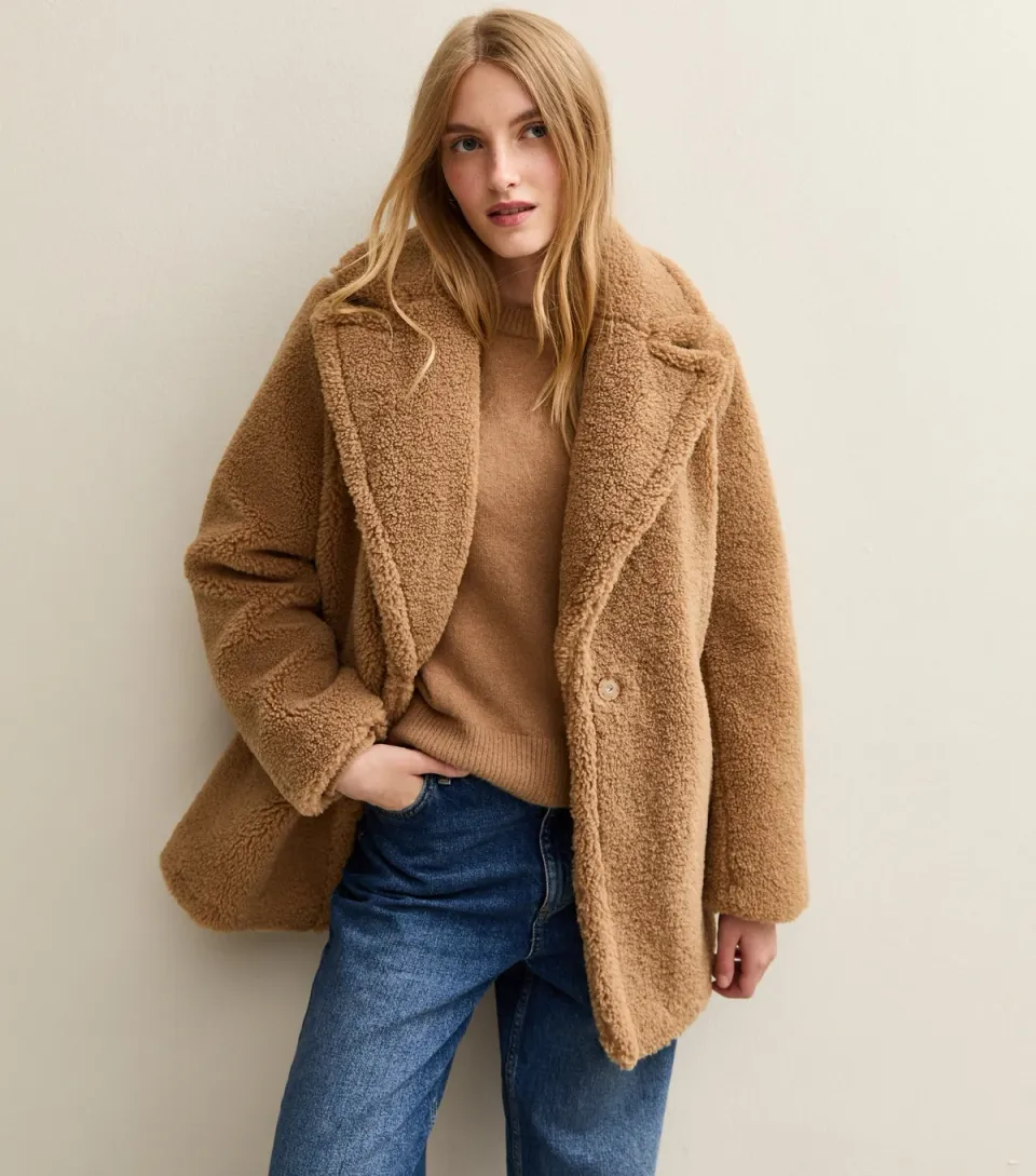 Women's Tan Collared Long Sleeve Borg Coat